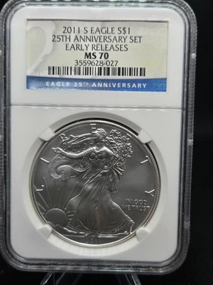 2011-S Silver Eagle | NGC MS70 | “S” Mintmark | Early Releases | Blue 25th Anni - Image 1 of 4