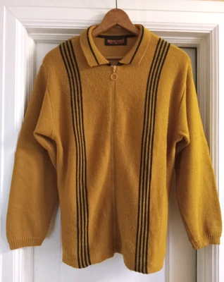 Vintage Mens Cardigan Sweater Mustard & Black Stripes O-Ring Zipper 50s 60s - Image 1 of 4