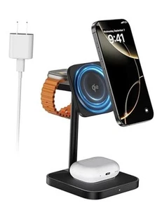 [Qi2 Certified ]  3 in 1 Charging Station with MagSafe, 15W Wireless Black - Photo 1 sur 7