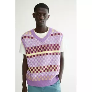 NUOVO GILET MAGLIONE DA UOMO URBAN OUTFITTERS PICCOLO LUCAS CHECKER GIALLO VIOLA - Foto 1 di 7