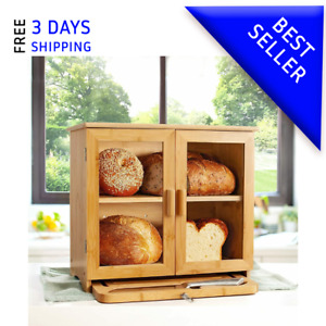 Bamboo Bread Box for Kitchen Counter - with Cutting Board and Bread Knife NEW