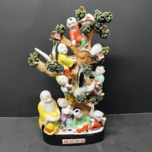 VINTAGE CHINESE PORCELAIN "LUCKY FORTUNE TREE" BUDDHA & CHILDREN ON MONEY TREE - Picture 1 of 12