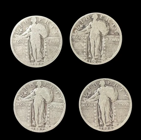 4- 1925-38  Standing Liberty Quarter  %90 Silver Full Dates - 4 Coins Set VG/F Cover
