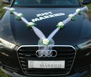 JUST MARRIED Autoschmuck Braut Paar Rose Deko Dekoration Hochzeit Autodeko Ratan - Bild 1 von 38