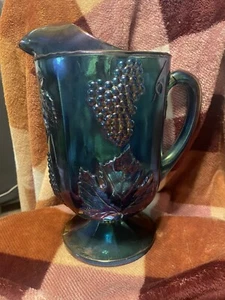 Large Vintage Indiana Carnival Glass Blue Grape Harvest Pitcher 10” - Picture 1 of 12