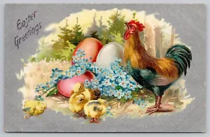Tuck Pasqua n.701 Gallo e Pulcini, Argento Terra Forget-Me-Nots, Cartolina Uova - Foto 1 di 3