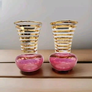 Bartlett Collins Cranberry Gold Striped Bud Vase 1950s Set Of Two MCM - Picture 1 of 12