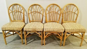 Set of 4 Vintage Bamboo Rattan Wicker Cane upholstered dining chairs Mid Century - Picture 1 of 11