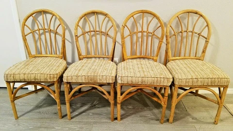 Set of 4 Vintage Bamboo Rattan Wicker Cane upholstered dining chairs Mid Century Cover