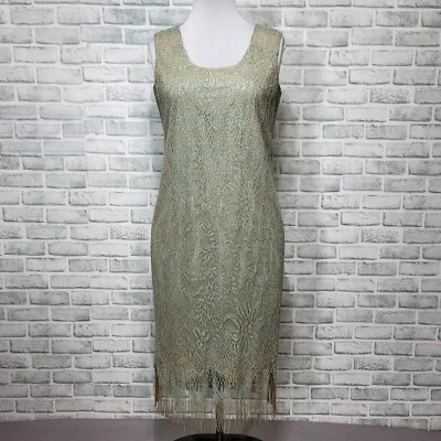 Vintage 80s does 20s Damianou Womens M Green Metallic Fringe Gown Dress - Image 1 of 4
