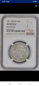 Straits Settlements VICTORIA 1891 Silver 50 Cents AU DETAILS - Picture 1 of 3