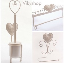 set bagno SCOPINO WC PORTA ASCIUGAMANI CARTA IGIENICA SHABBY CUORE metallo bianc