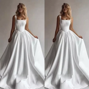 Elegant Wedding Dresses Square Neck A-line Satin Ruched Beach Bridal Gowns - Picture 1 of 6