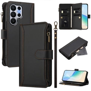 Zipper 9 Card Leather Wallet Case For iPhone Samsung Huawei Bag Flip Stand Cover - Picture 1 of 26