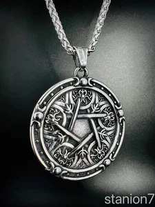 Pentagramm Stern Kreis Anhänger Edelstahl Halskette Magie Hexe Retro Biker 400B - Bild 1 von 7