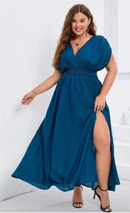 Blue Shirred Waist Maxi Dress Short Sleeve V-Neck 4XL US Size 20 New Free Ship - Picture 1 of 2