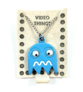 Vintage 80s Blue Pac Man Arcade Ghost INKY Googly Eye Necklace Video Game NOS - Picture 1 of 5