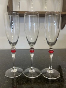 Set of 3 Luminarc France Champagne Flutes – Red Stem Glasses – 22cm Tall - Picture 1 of 5