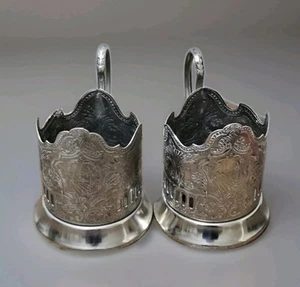 Pair Of Palm Plantation Mountains Glass Cup Holders Soviet Podstakannik USSR - Foto 1 di 10