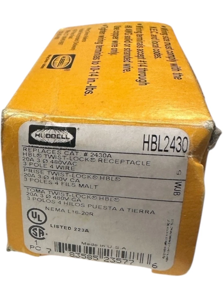 New Hubbell HBL2430 Twist-Lock Receptacle 20A 480VAC **SALE** - Image 1 of 1