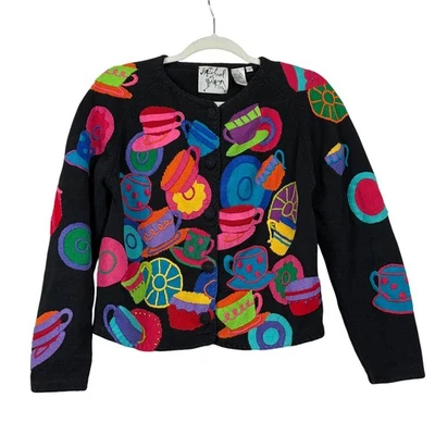 Cárdigan Michael Simon Tejido Negro Taza de Té Platillo Apliques Botones Talla L Foto 1 de 4