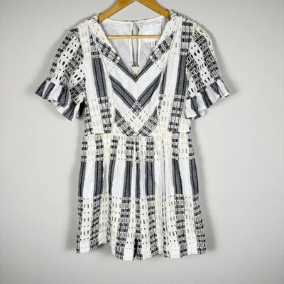 Anthropologie Ett Twa Embroidered Striped Romper Womens 8 Cottagecore Casual - Image 1 of 4