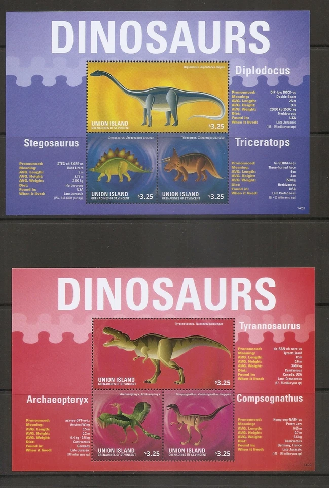 Union Islands Granadinas de San Vicente 2014 dinosaurios. Hoja miniatura .MNH Foto 1 de 1