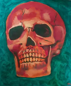 ORIGINAL OIL PAINTING SIGNED ART BLOOD SKULL HEAD GREEN RED SKELETOR SKELETON - Picture 1 of 1