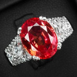 Radiant Orange Padparadscha Sapphire 4.03Ct 925 Sterling Silver Handmade Rings - Picture 1 of 9