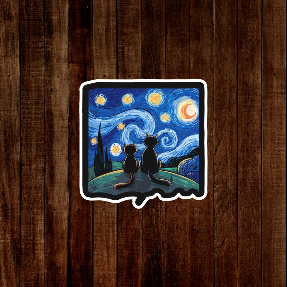 Starry Night Cats Art Sticker - Van Gogh Inspired Feline Fantasy Decal #1565