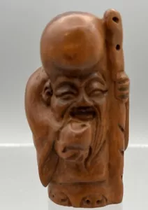 Antigua figura japonesa de hombre del período Netsuke Meiji firma ilegible madera - Imagen 1 de 12