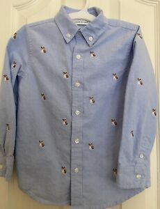 EUC Janie and Jack Boys Size 4 Blue Cotton Oxford Dog Puppy Button Shirt