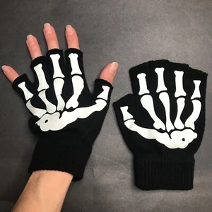 Skeleton Fingerless Gloves Black White Bone Knit Wrist Length Biker Skull Mens - Picture 1 of 5