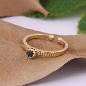 Handmade Textured Band Ring In Gold Plated With Round Blue Sapphire Gift For Her