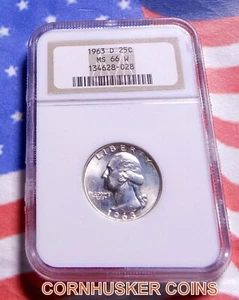 1963-D SILVER QUARTER NGC MS 66 W ~ BRIGHT ~ NO TONING~ RARE ~ FREE SHIPPING - Picture 1 of 2