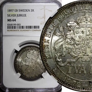 SWEDEN Silver Jubilee Oscar II 1897 EB 2 Kronor NGC MS64 Nice Toned KM# 762 (03) - Picture 1 of 5