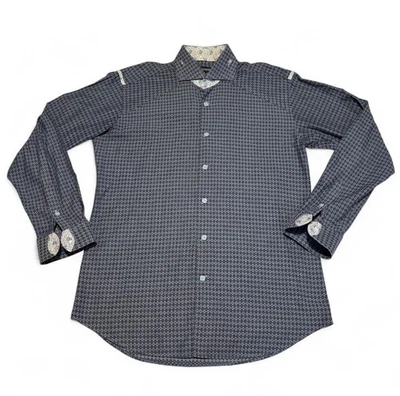 Bogosse Mens 3 Button Up Shirt Blue Diamond Print Paisley Trim Flip Cuff Crystal - Image 1 of 4