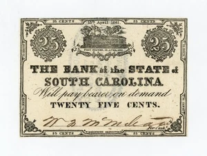 1861 25c The Bank of the State of SOUTH CAROLINA Note - CIVIL WAR Era - Picture 1 of 2
