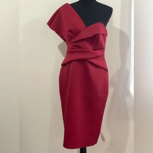 New ASOS 10 Elegant Red Off-Shoulder Zipper Back Midi Dress w Stretch 455 - Picture 1 of 10
