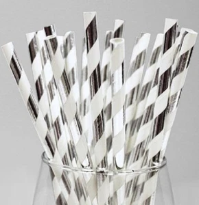  Silber und weiß gestreifte Papierstrohhalme 8" (20cm) biologisch abbaubar kompostierbar 6mm  - Bild 1 von 1
