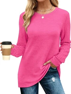 Women's Long Sleeve Round Neck Soft Casual Shirt - PINK- XTRA LARGE - Picture 1 of 6