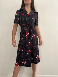 Vtg 70s Floral Black Sz Small Collar Button Down Polyester Dress - Picture 1 of 3