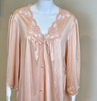 Vintage Ashley Ames Satin Lace Robe Nightgown Size L Peach USA Romantic Feminine - Image 1 of 4