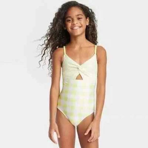 Cat & Jack Girls' Gingham Check One Piece Swimsuit Green/Yellow Small (6/7) NWT! - Picture 1 of 4