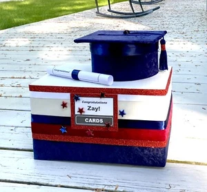Graduation Cap Card Box,#graduation2025,personalized,red,white,blue - Picture 1 of 12