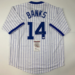 Autographed/Signed Ernie Banks Chicago Pinstripe Baseball Jersey JSA COA