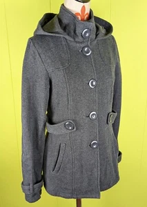 Maurices Women's M Jacket Big Buttons Pockets Stand Collar Hooded Gray Cotton Bl - Picture 1 of 12