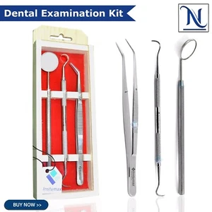 Dental Examination Kit Mirror & Sickle Scaler & Cotton Plier w/Wooden Box 3Pcs - Picture 1 of 3