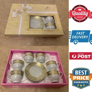 12 pcs Ceramic Tea Coffee Cup And Saucer Set,White Gold,very small size AU Stock - Picture 1 of 12