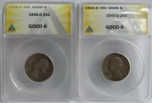 1936 D & 1940 D Washington Quarters, ANACS Good 6 or G 6 - Picture 1 of 10